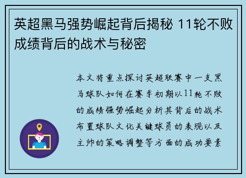 英超黑马强势崛起背后揭秘 11轮不败成绩背后的战术与秘密